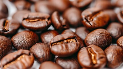 Close up view of roasted arabica coffee beans piled on a white background for coffee enthusiasts