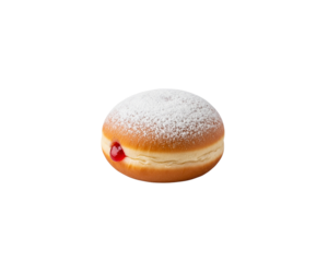 Freshly baked jelly donut with powdered sugar glaze, traditional sweet pastry dessert or Hanukkah sufganiyot food concept