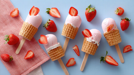 Strawberry ice cream cones with fresh strawberries arranged on a blue background next to a pink cloth