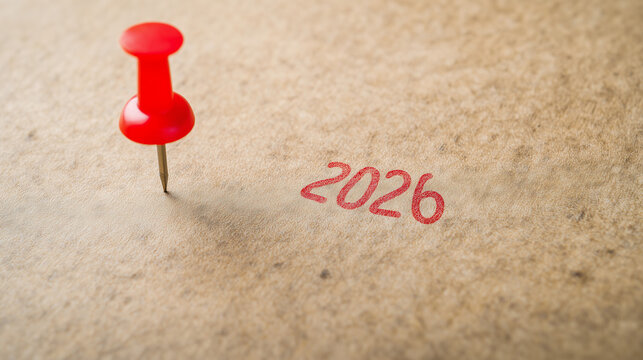 Alfinete vermelho marcando o número 2026 em superfície bege, simbolizando planejamento anual, metas futuras, organização, cronograma e novos objetivos para o próximo ciclo