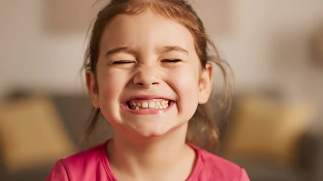 Photograph of an adorable young girl starting with a timid grin before breaking into a sincere, joyful laughter, revealing her pearly white teeth