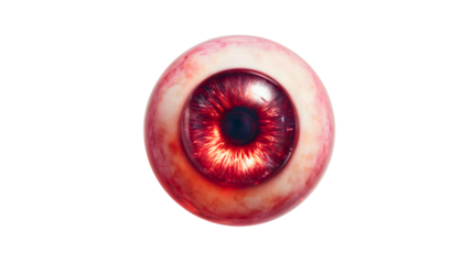 A scary red eyeball with bloody veins isolated on a white background, a horror zombie eye close-up, a diseased medical anatomy object, a spooky Halloween decoration.