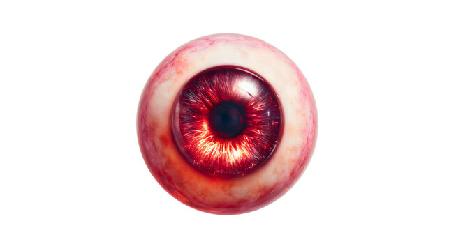 A scary red eyeball with bloody veins isolated on a white background, a horror zombie eye close-up, a diseased medical anatomy object, a spooky Halloween decoration.