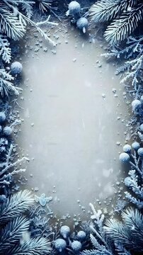A Serene Winter Wonderland: Frosty Blue Background Framed by Snow-Covered Pine Cones and Sprigs, Ideal for Holiday Messages and Seasonal Creations.