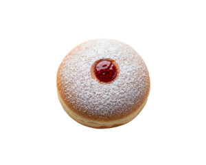 Top view of a freshly baked jelly donut with powdered sugar glaze, traditional sweet pastry dessert or Hanukkah sufganiyot