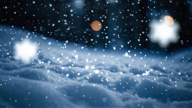 A snowy ground with snowflakes falling from the sky
