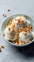 Creamy vanilla ice cream scoops topped with crunchy roasted peanuts in a light bowl on a textured surface