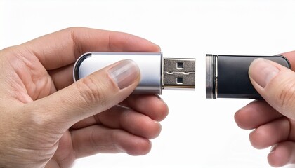 Fototapeta premium using usb flash drive for data transfer home office product isolated on white background