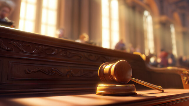 Martelo de juiz sobre a mesa de tribunal com ambiente desfocado ao fundo, simbolizando decis&otilde;es legais, autoridade judicial, julgamentos e processos jur&iacute;dicos formais