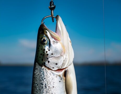 a silver salmon fish caught in the fishing hook vertically on an isolated background