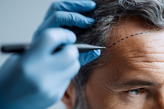 Close-up of a surgeon marking a man's hairline for hair transplant surgery, symbolizing cosmetic procedure planning, hair restoration, and combating male pattern baldness.