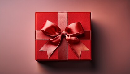 red square gift box with a ribbon bow on top isolated background