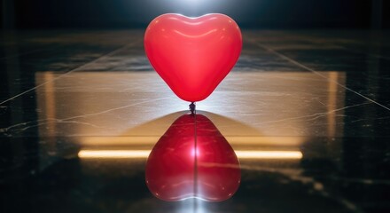 Valentine Day Reflection of red balloon heart on marble surface .Love, valentine, love, romance, romantic,
