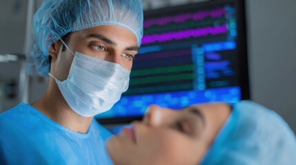 Surgeon and a patient in an operating room. the surgeon is wearing a blue surgical gown and a surgical mask covering his mouth and nose.