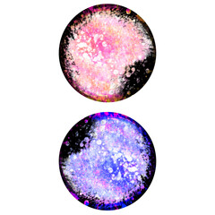 Vibrant celestial spheres with detailed textured surfaces, showcasing abstract nebular or intricate microscopic cellular patterns.