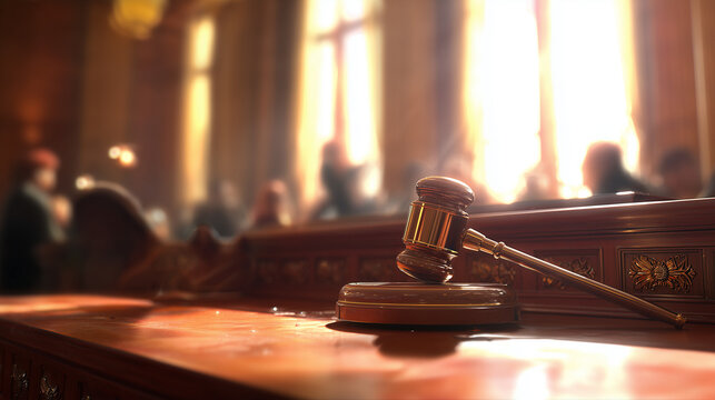 Martelo do juiz sobre a mesa em tribunal com luz natural representa julgamento, autoridade judicial, decis&otilde;es legais, poder da lei e ritos do sistema jur&iacute;dico
