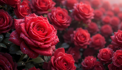 A rich, ultra-realistic display of vibrant red roses covered in sparkling water droplets, glowing softly in natural light for a luxurious and romantic floral aesthetic.