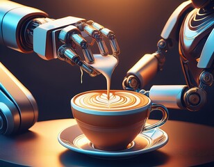 robot arm pours latte art into a cup of coffee with a futuristic robot in the background