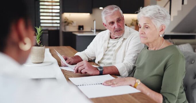 Senior couple, home and financial advisor with paperwork for investment, budget or mortgage. Elderly woman, man and discussion with consultant for retirement document, insurance and pension annuity
