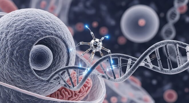 Microscopic nanobot interacts with a complex helical structure representing genetic material within a biological environment