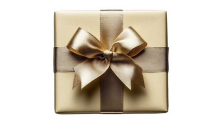 A square gift wrapped in gold paper with a gold ribbon tied in a bow on a black background on transparent background
