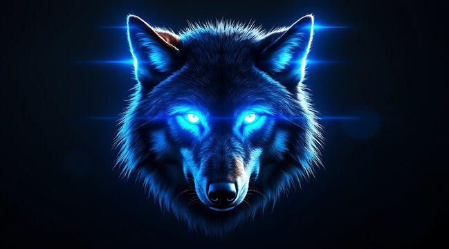 Glowing blue wolf head with intense eyes in dark background, digital artwork showing fierce and mystical animal energy