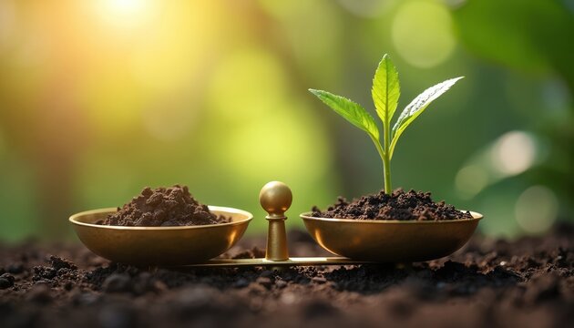 A small green plant grows in soil on one side of a balance scale. The other side holds loose soil. This symbolizes business growth and nature balance.