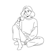 Obraz premium Simple cozy girl drinking coffee while sitting comfortably in a clean black and white line drawing