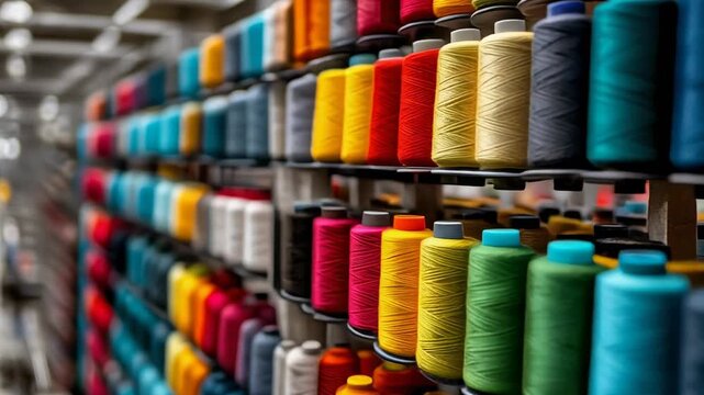 Vibrant collection of colorful sewing threads in a textile workshop for creative projects