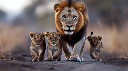 Majestic male lion walking with four adorable lion cubs on dusty path in African savanna, wildlife family portrait in natural habitat.