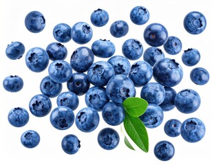Blueberries with leaves scattered on a white background