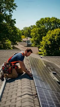 Skilled Worker Installing Solar Panels on a Rooftop, Demonstrating Sustainable Energy Solutions and Modern Installation Techniques Under Clear Blue Skies.