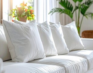 White sofa with fluffy pillows bathed in natural sunlight