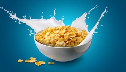 a bowl of breakfast cereal with a milk splash on an isolated background
