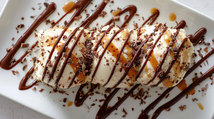 Delicious scoops of vanilla ice cream drizzled with chocolate and caramel sauce, topped with chocolate shavings on a white plate