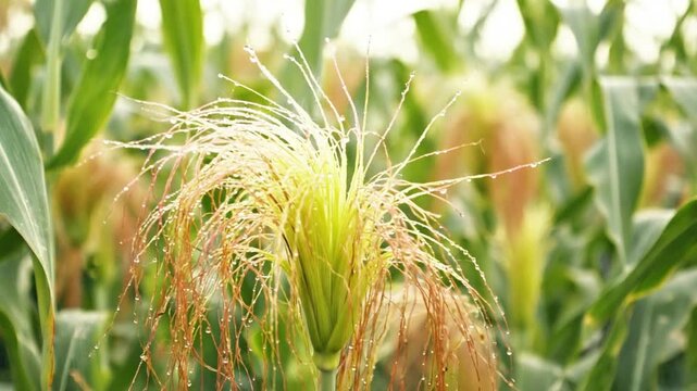 Close up of corn silk with water droplets in a green cornfield