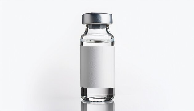 a small empty transparent vaccine ampoule bottle mockup with a white label on an isolated background