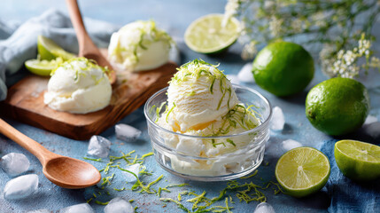 Creamy lime ice cream served in a clear bowl, garnished with lime zest and surrounded by fresh limes and ice cubes