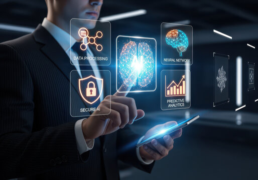 Man in suit interacts with digital icons representing data processing, neural networks, secure AI, and predictive analytics, showcasing modern technology and innovation