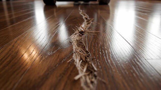 Close up of a damaged wooden floor with a crack filled with debris and splinters