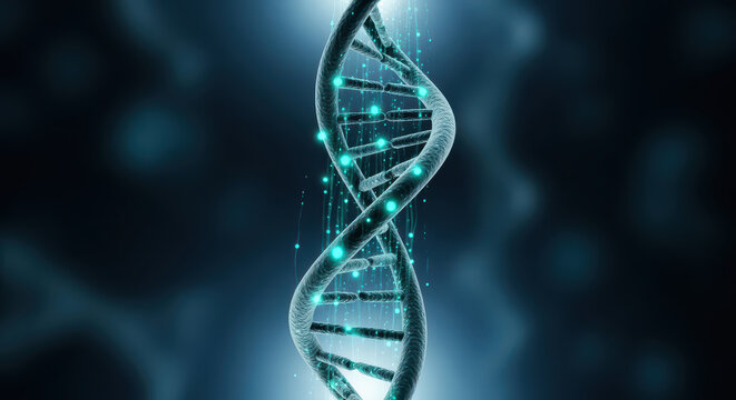 Vertical DNA strand ascends with glowing elements, symbolizing life and genetic information. image evokes sense of wonder and scientific exploration