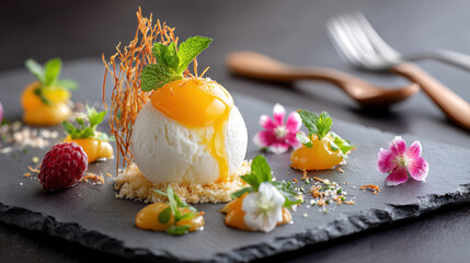 Exquisite dessert presentation featuring creamy dessert topped with mango sauce, garnished with mint, flowers, and edible decorations on a slate board