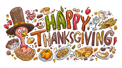 Colorful Thanksgiving artwork featuring turkey, pies, leaves and festive lettering, ideal for invitations, cards, seasonal promotions and holiday designs