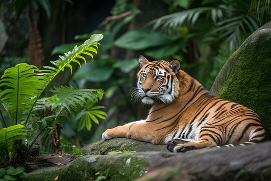Majestic tiger resting amidst lush green jungle foliage - Powered by Adobe