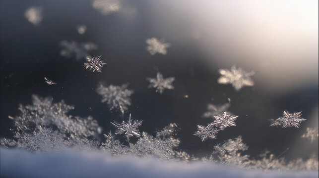 Detalhe de flocos de neve e cristais de gelo em fundo desfocado simbolizando inverno, frio intenso, clima gelado, esta&ccedil;&atilde;o fria e fen&ocirc;menos naturais delicados