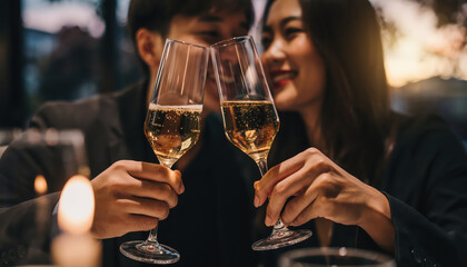 Romantic close up shot of young couple toasting with champagne glasses, celebrating special moment together. warm ambiance and soft lighting enhance intimate atmosphere
