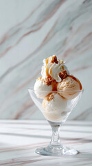 Exquisite dessert sundae with multiple ice cream flavors topped with whipped cream, caramel drizzle, and cookie crumble in a clear glass cup