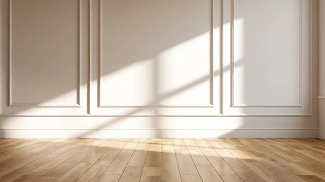 Elegant empty room with sunlight and shifting window shadows playing across hardwood parquet and classic white boiserie wall, minimalist interior bathed in morning light