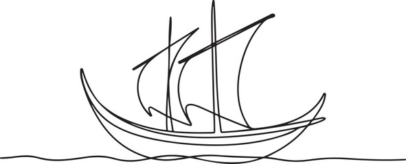 Single continuous line drawing pinisi ship. Traditional boat from South Sulawesi, Indonesia. Has a very unique design. Inter island trade. National Maritime Day. one line Icon drawing