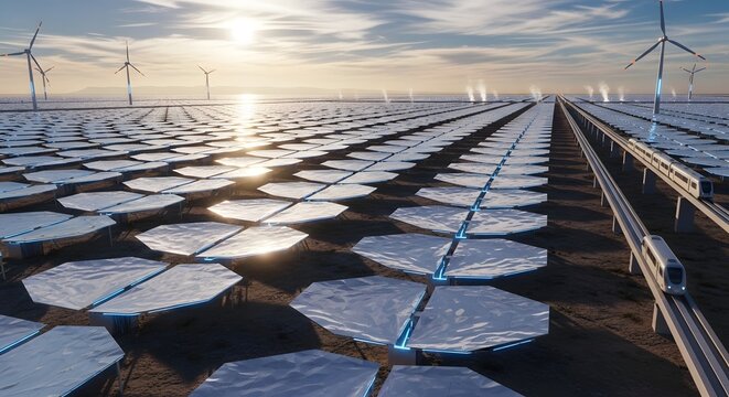 Futuristic landscape with solar panels, wind turbines, and highspeed train - Powered by Adobe